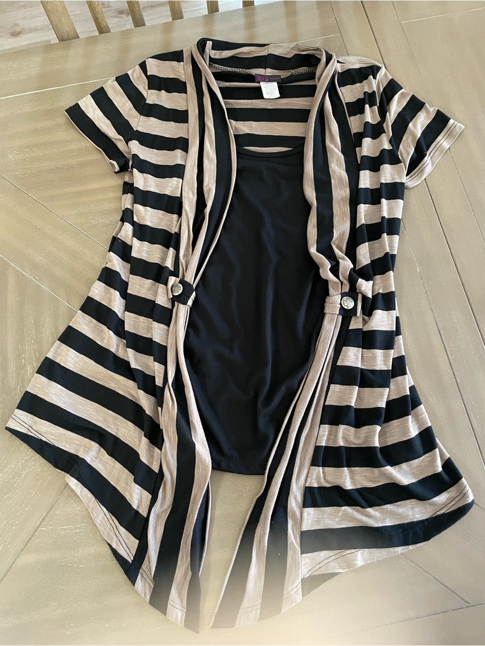 Agenda Black & Taupe Striped Open-Front Top